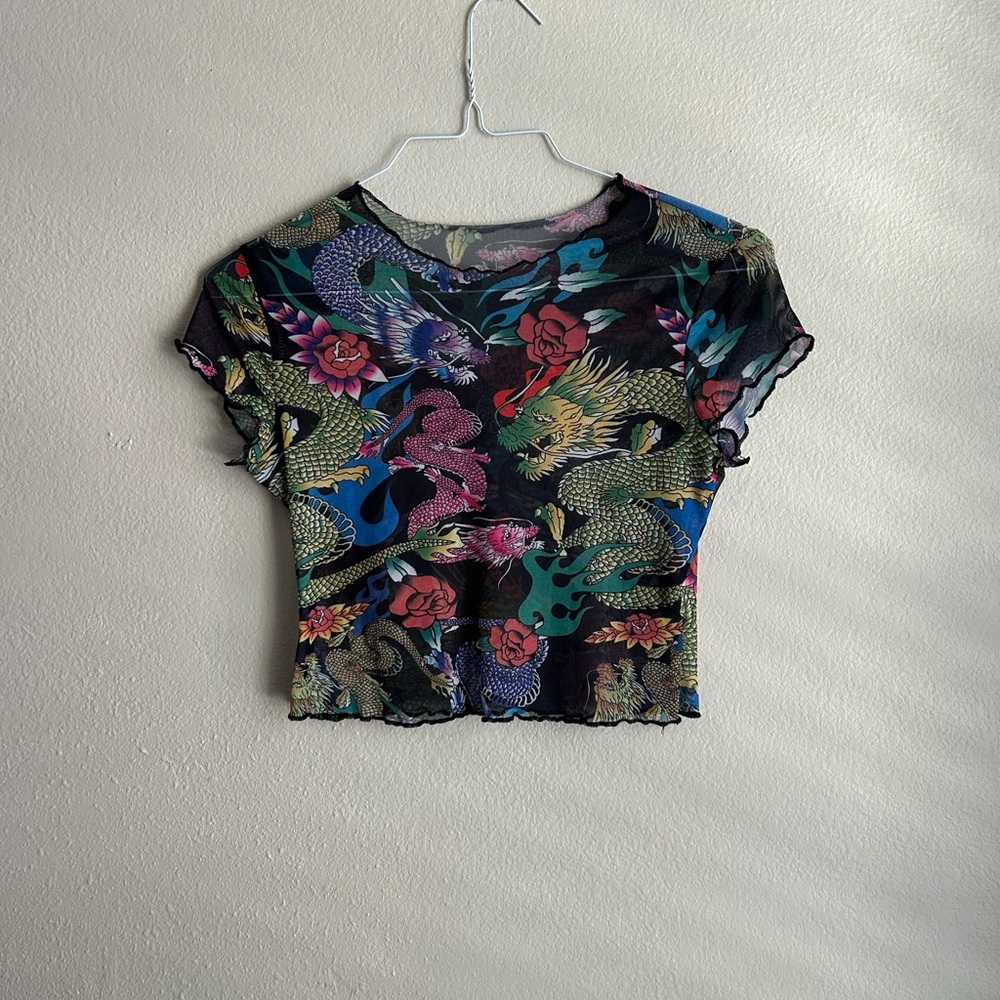 Floral Dragon Print Mesh Top